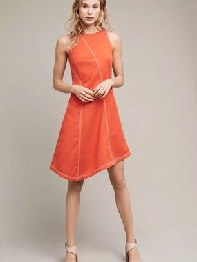 Anthropologie Maeve Bileu Orange Asymmetrical Stitch-Detail Sleeveless Dress | 0